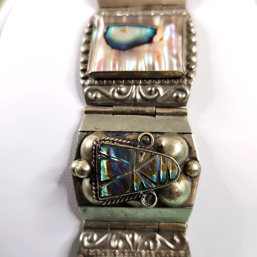 Vintage Taxco Mexico Sterling Panel Bracelet Abalone Mother of Pearl MOP - Picture 2 of 12